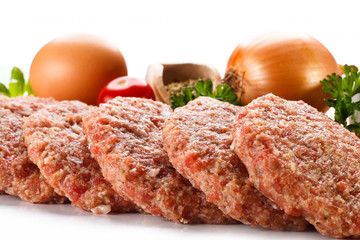 Raw minced pork chops meat on white background