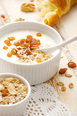 Healthy breakfast.  Apple yogurt with muesli