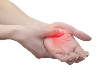 Acute pain in a man palm. Female holding hand to spot of palm-ac