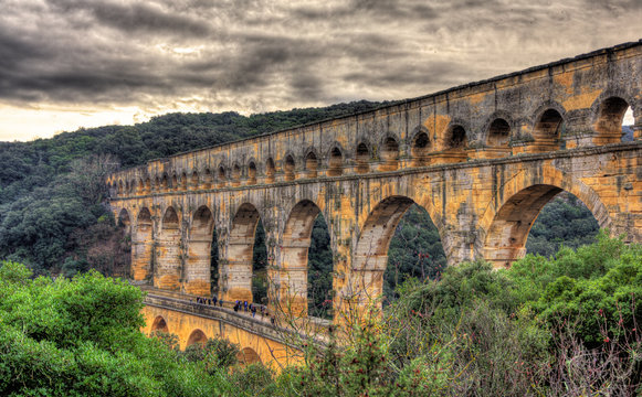 HDR image of Pont du Gard, Roman aqueduct listed in UNESCO