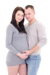 young couple waiting baby isolated on white