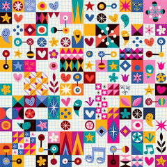 hearts, stars and flowers abstract art pattern