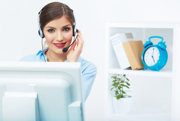 Portrait of woman customer service worker, call center smiling