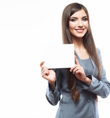 Naklejka premium Young smiling business woman hold board, white background port