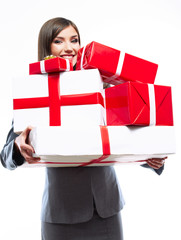 Gift box business woman hold against white background.