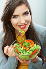 Woman close up smiling face. Diet food.