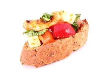 Sandwich with chicken, tomato, cheese, bell pepper