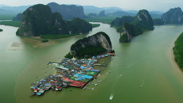 Aerial view Ko Panyi a Muslim fishing village, Phang nga bay, Thailand 