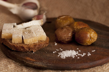Sandwich with salted lard and baked potatoes