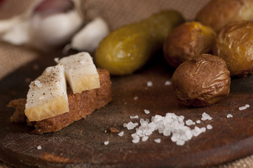 Sandwich with salted lard and baked potatoes