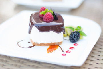 closed up chocolate cake with berry