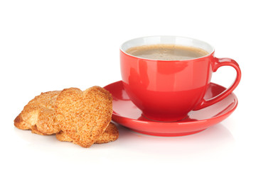 Red coffee cup and heart shaped cookies