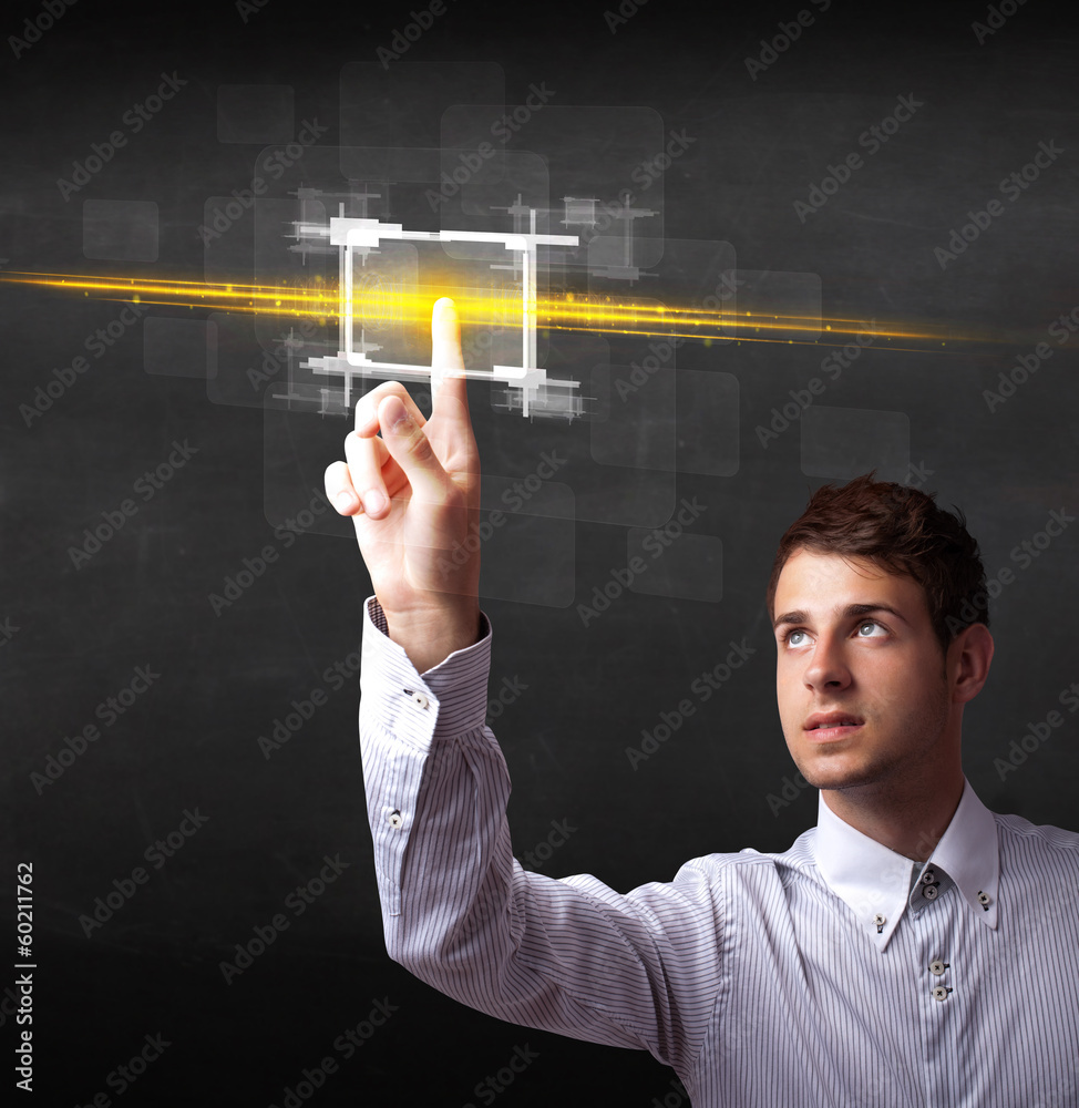Poster tech business person touching button with orange light beams con