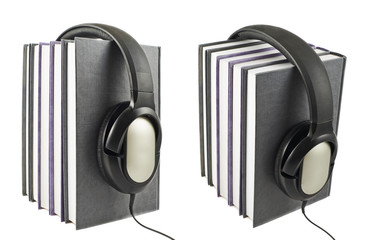 Books with a headphones on isolated