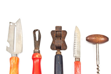 Set of vintage kitchen utensils on white background