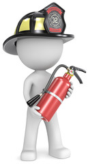 Obraz na płótnie Canvas Dude the Firefighter with fire extinguisher.US black helmet.