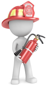 Dude the Firefighter holding fire extinguisher.Red helmet.