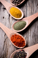 Assorted spices on wooden background