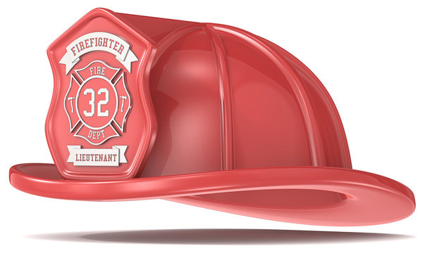 Firefighter Helmet. Classic Red with badge. Isolated.