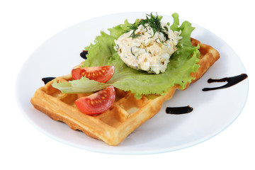 Plate with fast food, Belgian waffle, side dish, tomato, lettuce