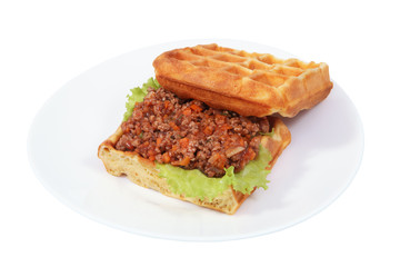 Sandwich Belgian waffles with risotto.