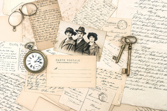 old letters and postcards, antique accessories and photo