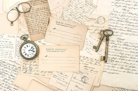 old letters and postcards, antique accessories. ephemera