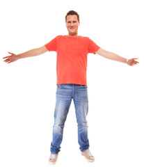 Fototapeta premium Young man guy casual style red t-shirt jaens isolated