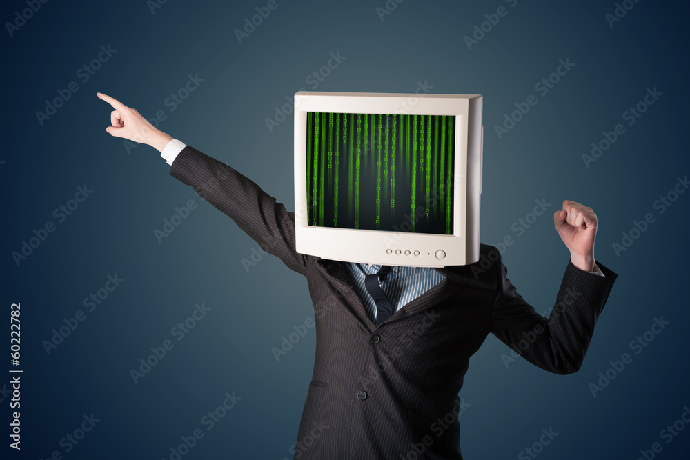 Wall mural cyber human with a monitor screen and computer code on the displ