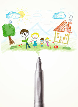 Felt pen close-up with a drawing of a family