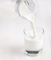 Milk pouring into a glass on white board
