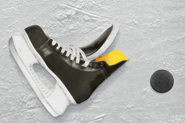 Hockey skates and puck
