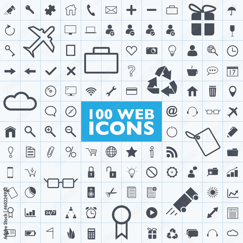 Wall mural set of 100 grey web icon vectors with grid