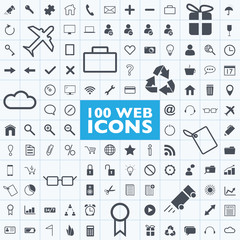 Set of 100 grey web icon vectors with grid