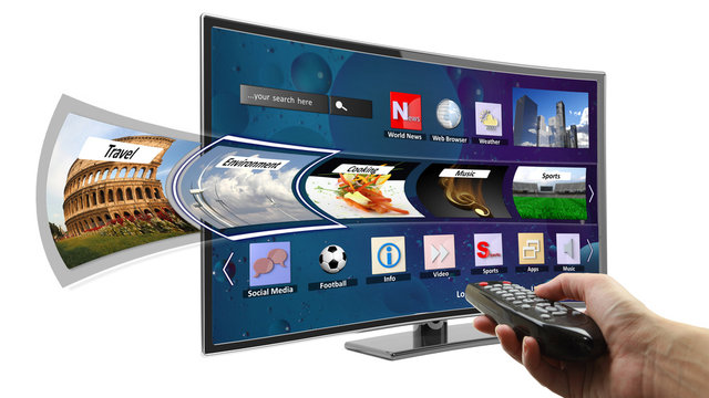 Smart tv with apps and hand holding remote control