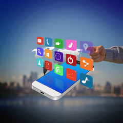 Businessman pressing colorful application icons on smartphone ,c