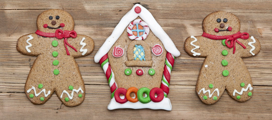 Christmas gingerbread cookies on wooden board