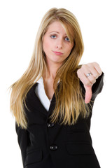 young woman shows thumbs down