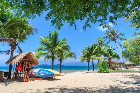 Baboo bar on white snad beach at tropical island