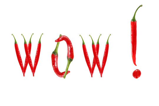 WOW text composed of chili peppers. Isolated on white background
