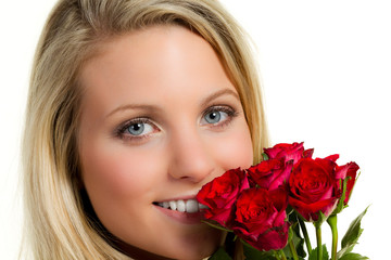 young woman with red roses