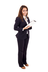 Fototapeta premium Smiling business woman using digital tablet computer, isolated o