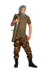 Arab nationality in camouflage suit and keffiyeh with launcher o