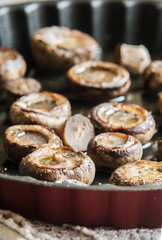 close up of a pan of sauteed mushrooms