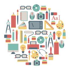 round card with graphic design icons