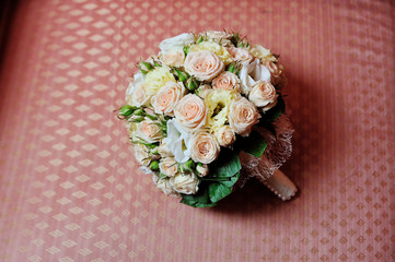 wedding bouquet on sofa
