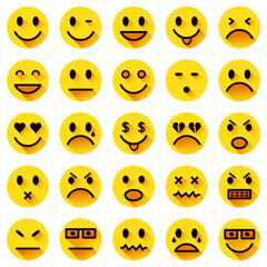 Vector icons of yellow smiley faces with long shadows