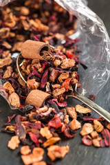 Aromatic dry tea with fruits, petals and spices