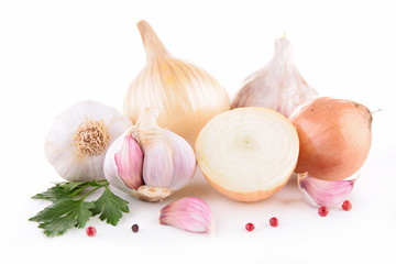garlic and onion isolated on white