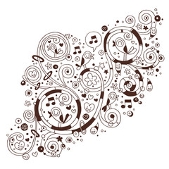 Swirls, flowers, hearts and birds